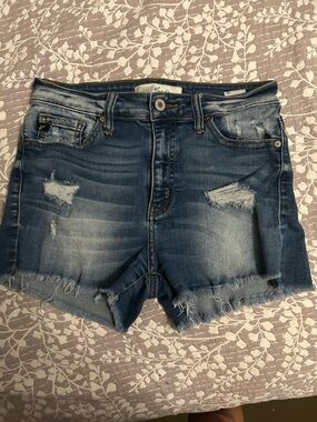 KanCan Distressed Frayed Hem Denim Shorts in Blue